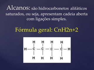 Alcanos: são hidrocarbonetos alifáticos 
saturados, ou seja, apresentam cadeia aberta 
com ligações simples. 
Fórmula geral: CnH2n+2 
 