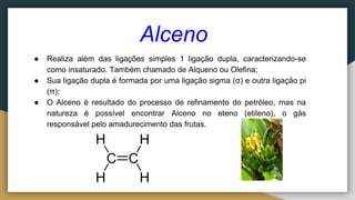 Alceno
● Realiza além das ligações simples 1 ligação dupla, caracterizando-se
como insaturado. Também chamado de Alqueno ou Olefina;
● Sua ligação dupla é formada por uma ligação sigma (σ) e outra ligação pi
(π);
● O Alceno é resultado do processo de refinamento do petróleo, mas na
natureza é possível encontrar Alceno no eteno (etileno), o gás
responsável pelo amadurecimento das frutas.
 