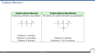 Cadeias Abertas I
Cadeia aberta Normal Cadeia Aberta Ramificada
Carbonos, primários, secundários Ao menos um carbono terciário ou quartenário
1
C
2
C C
3 1
C
2
C
C
4
C
3
Carbono 1: primário
Carbono 2: secundário Carbono 2: terciário
Carbono 3: primário Carbonos 1, 3 e 4: primários
Fábio de Lima Química Orgânica 13/69
13
/69
 