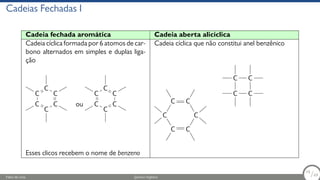 Cadeias Fechadas I
Cadeia fechada aromática Cadeia aberta alicíclica
Cadeia cíclica formada por 6 atomos de car-
bono alternados em simples e duplas liga-
ção
Cadeia cíclica que não constitui anel benzênico
C
C
C
C
C
C
ou C
C
C
C
C
C
C
C C
C
C
C
C C
C
C
Esses clicos recebem o nome de benzeno
Fábio de Lima Química Orgânica 16/69
16
/69
 