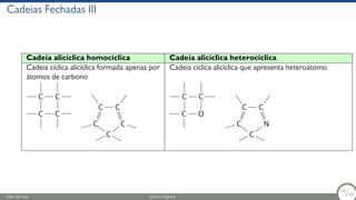 Cadeias Fechadas III
Cadeia alicíclica homocíclica Cadeia alicíclica heterocíclica
Cadeia cíclica alicíclica formada apenas por
átomos de carbono
Cadeia cíclica alicíclica que apresenta heteroátomo
C C
C
C
C
C C
C
C
C O
C
C
C
C C
N
C
Fábio de Lima Química Orgânica 18/69
18
/69
 