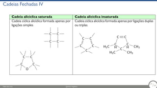 Cadeias Fechadas IV
Cadeia alicíclica saturada Cadeia alicíclica insaturada
Cadeia cíclica alicíclica formada apenas por
ligações simples
Cadeia cíclica alicíclica formada apenas por ligações duplas
ou triplas
C
C C
C
O
C C
C
C
C
C C
C
C
H3C
C
H
C C
C
H CH3
C
C
H3 CH3
Fábio de Lima Química Orgânica 19/69
19
/69
 