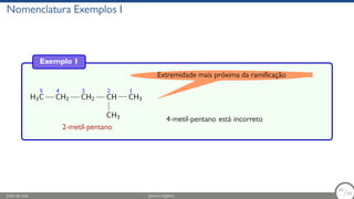 Nomenclatura Exemplos I
Exemplo 1
H3
5
C
4
CH2
3
CH2
2
CH
CH3
1
CH3
2-metil-pentano
4-metil-pentano está incorreto
Extremidade mais próxima da ramificação
Fábio de Lima Química Orgânica 50/69
50
/69
 
