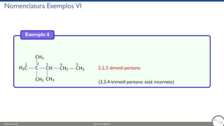 Nomenclatura Exemplos VI
Exemplo 6
H3
1
C
2
C
CH3
CH3
3
CH
CH3
4
CH2
5
CH3 2,2,3-dimetil-pentano
(3,3,4-trimetil-pentano está incorreto)
Fábio de Lima Química Orgânica 55/69
55
/69
 