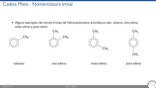Cadeia Mista - Nomenclatura trivial
• Alguns exemplos de nomes triviais de hidrocarbonetos aromáticos são: tolueno, orto-xileno,
meta-xileno e para-xileno.
CH3
tolueno
CH3
CH3
orto-xileno
CH3
CH3
meta-xileno
CH3
CH3
para-xileno
Fábio de Lima Química Orgânica 68/69
68
/69
 