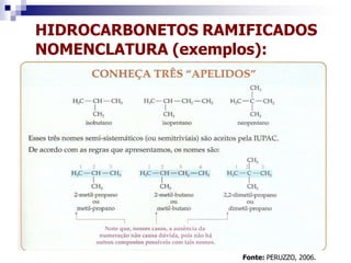 HIDROCARBONETOS RAMIFICADOS
NOMENCLATURA (exemplos):
Fonte: PERUZZO, 2006.
 