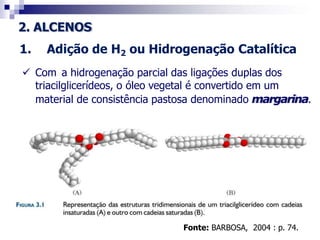 2. ALCENOS
1. Adição de H2 ou Hidrogenação Catalítica
 Com a hidrogenação parcial das ligações duplas dos
triacilglicerídeos, o óleo vegetal é convertido em um
material de consistência pastosa denominado margarina.
Fonte: BARBOSA, 2004 : p. 74.
 