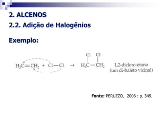 2. ALCENOS
2.2. Adição de Halogênios
Exemplo:
Fonte: PERUZZO, 2006 : p. 349.
 