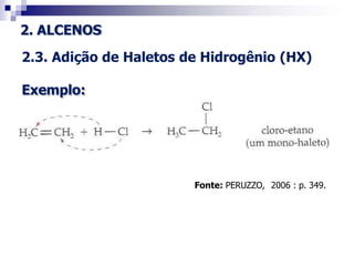 2. ALCENOS
2.3. Adição de Haletos de Hidrogênio (HX)
Exemplo:
Fonte: PERUZZO, 2006 : p. 349.
 