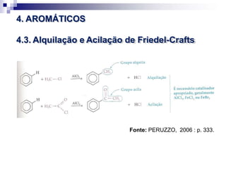 4. AROMÁTICOS
4.3. Alquilação e Acilação de Friedel-Crafts
Fonte: PERUZZO, 2006 : p. 333.
 