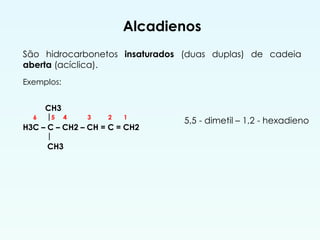 Alcadienos
São hidrocarbonetos insaturados (duas duplas) de cadeia
aberta (acíclica).
5,5 - dimetil – 1,2 - hexadieno
Exemplos:
CH3
6 |5 4 3 2 1
H3C – C – CH2 – CH = C = CH2
|
CH3
 