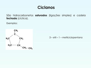 Ciclanos
São hidrocarbonetos saturados (ligações simples) e cadeia
fechada (cíclica).
Exemplos:
3 – etil – 1 – metilciclopentano
 
