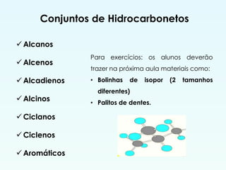 Conjuntos de Hidrocarbonetos
 Alcanos
 Alcenos
 Alcadienos
 Alcinos
 Ciclanos
 Ciclenos
 Aromáticos
Para exercícios: os alunos deverão
trazer na próxima aula materiais como:
• Bolinhas de isopor (2 tamanhos
diferentes)
• Palitos de dentes.
 
