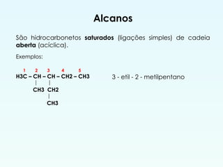 Alcanos
São hidrocarbonetos saturados (ligações simples) de cadeia
aberta (acíclica).
3 - etil - 2 - metilpentano
Exemplos:
1 2 3 4 5
H3C – CH – CH – CH2 – CH3
| |
CH3 CH2
|
CH3
 
