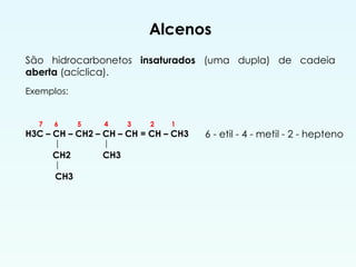 Alcenos
São hidrocarbonetos insaturados (uma dupla) de cadeia
aberta (acíclica).
6 - etil - 4 - metil - 2 - hepteno
Exemplos:
7 6 5 4 3 2 1
H3C – CH – CH2 – CH – CH = CH – CH3
| |
CH2 CH3
|
CH3
 