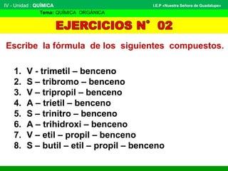IV - Unidad : QUÍMICA
Tema: QUÍMICA ORGÁNICA
I.E.P «Nuestra Señora de Guadalupe»
Escribe la fórmula de los siguientes compuestos.
1. V - trimetil – benceno
2. S – tribromo – benceno
3. V – tripropil – benceno
4. A – trietil – benceno
5. S – trinitro – benceno
6. A – trihidroxi – benceno
7. V – etil – propil – benceno
8. S – butil – etil – propil – benceno
 