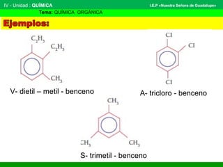 IV - Unidad : QUÍMICA
Tema: QUÍMICA ORGÁNICA
I.E.P «Nuestra Señora de Guadalupe»
V- dietil – metil - benceno A- tricloro - benceno
S- trimetil - benceno
 