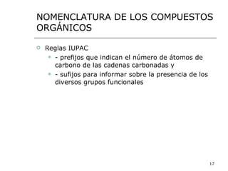 NOMENCLATURA DE LOS COMPUESTOS ORGÁNICOS Reglas IUPAC - prefijos que indican el número de átomos de carbono de las cadenas carbonadas y  - sufijos para informar sobre la presencia de los diversos grupos funcionales 