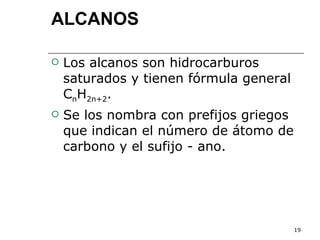   ALCANOS Los alcanos son hidrocarburos saturados y tienen fórmula general C n H 2n+2 . Se los nombra con prefijos griegos que indican el número de átomo de carbono y el sufijo - ano. 
