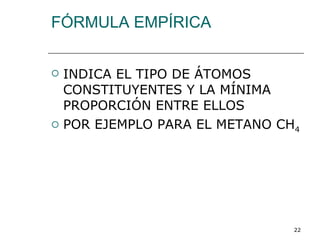 FÓRMULA EMPÍRICA INDICA EL TIPO DE ÁTOMOS CONSTITUYENTES Y LA MÍNIMA PROPORCIÓN ENTRE ELLOS POR EJEMPLO PARA EL METANO CH 4 