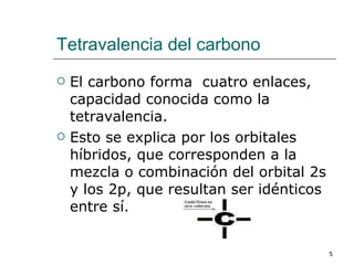 Tetravalencia del carbono El carbono forma  cuatro enlaces, capacidad conocida como la tetravalencia. Esto se explica por los orbitales híbridos, que corresponden a la mezcla o combinación del orbital 2s y los 2p, que resultan ser idénticos entre sí. 