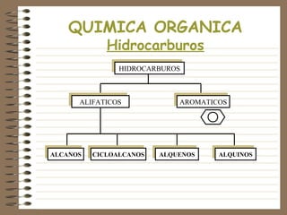 QUIMICA ORGANICA
              Hidrocarburos
                 HIDROCARBUROS
                 HIDROCARBUROS



       ALIFATICOS
       ALIFATICOS              AROMATICOS
                               AROMATICOS




ALCANOS
 ALCANOS   CICLOALCANOS
            CICLOALCANOS   ALQUENOS
                            ALQUENOS   ALQUINOS
                                        ALQUINOS
 