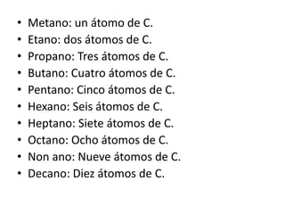 •   Metano: un átomo de C.
•   Etano: dos átomos de C.
•   Propano: Tres átomos de C.
•   Butano: Cuatro átomos de C.
•   Pentano: Cinco átomos de C.
•   Hexano: Seis átomos de C.
•   Heptano: Siete átomos de C.
•   Octano: Ocho átomos de C.
•   Non ano: Nueve átomos de C.
•   Decano: Diez átomos de C.
 