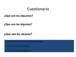 Cuestionario
¿Que son los alquenos?

¿Que son los alquinos?


¿Que son los alcanos?

1.- Esta formado por cuatro átomos de hidrogeno

2.- Presentan una doble ligadura

3.- Presentan una triple ligadura
 