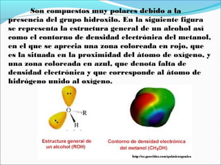 Son compuestos muy polares debido a la
presencia del grupo hidroxilo. En la siguiente figura
se representa la estructura general de un alcohol así
como el contorno de densidad electrónica del metanol,
en el que se aprecia una zona coloreada en rojo, que
es la situada en la proximidad del átomo de oxígeno, y
una zona coloreada en azul, que denota falta de
densidad electrónica y que corresponde al átomo de
hidrógeno unido al oxígeno.

 