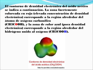 El contorno de densidad electrónica del ácido acético
se indica a continuación. La zona fuertemente
coloreada en rojo (elevada concentración de densidad
electrónica) corresponde a la región alrededor del
átomo de oxígeno carbonílico
(CH3COOH), y la zona de color azul (poca densidad
electrónica) corresponde a la región alrededor del
hidrógeno unido al oxígeno (CH3COOH).

 