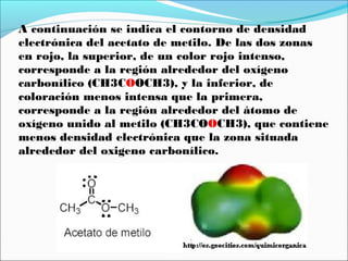 A continuación se indica el contorno de densidad
electrónica del acetato de metilo. De las dos zonas
en rojo, la superior, de un color rojo intenso,
corresponde a la región alrededor del oxígeno
carbonílico (CH3COOCH3), y la inferior, de
coloración menos intensa que la primera,
corresponde a la región alrededor del átomo de
oxígeno unido al metilo (CH3COOCH3), que contiene
menos densidad electrónica que la zona situada
alrededor del oxigeno carbonílico.

 
