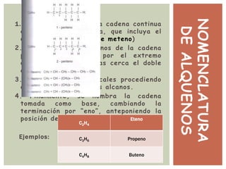 NOMENCLATURA
DEALQUENOS
1. Se toma como base la cadena continua
de carbonos mas larga, que incluya el
doble enlace.( no existe meteno)
2. Se numera los carbonos de la cadena
principal, empezando por el extremo
donde se encuentre mas cerca el doble
enlace.
3. Se nombran los radicales procediendo
de igual forma para los alcanos.
4. Finalmente, se nombra la cadena
tomada como base, cambiando la
terminación por “eno”, anteponiendo la
posición del doble enlace.
Ejemplos:
C2H4
Eteno
C3H6 Propeno
C4H8 Buteno
 