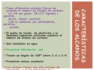CARACTERÍSTICAS
DELOSALCANOS.
 Tiene diferentes estados físicos de
acuerdo al numero de átomos de carbono:
C1-C4 son gases; C5-C17 líquidos (
gasolina,
kerex, diesel, aceites)
C18 en adelante son solidos(brea,
parafina,
, grasas.
 El punto de fusión, de ebullición y la
densidad aumentan conforme aumenta el
número de átomos de carbono.
 Son insolubles en agua
 Presentan hibridación sp3
 Tienen un ángulo de 109º entre C-C y C-H
 Presentan enlace covalente
 Los alcanos tienen una alta energía de
 