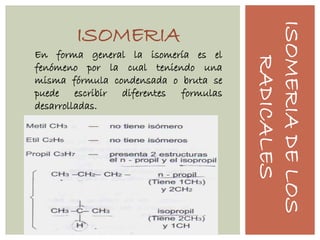 ISOMERIADELOS
RADICALES
ISOMERIA
En forma general la isomería es el
fenómeno por la cual teniendo una
misma fórmula condensada o bruta se
puede escribir diferentes formulas
desarrolladas.
 