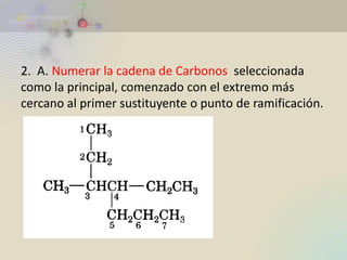 2. A. Numerar la cadena de Carbonos seleccionada como la principal, comenzado con el extremo más cercano al primer sustituyente o punto de ramificación. 
 