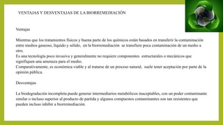 Ventajas
Mientras que los tratamientos físicos y buena parte de los químicos están basados en transferir la contaminación
entre medios gaseoso, líquido y sólido, en la biorremediación se transfiere poca contaminación de un medio a
otro.
Es una tecnología poco invasiva y generalmente no requiere componentes estructurales o mecánicos que
signifiquen una amenaza para el medio.
Comparativamente, es económica viable y al tratarse de un proceso natural, suele tener aceptación por parte de la
opinión pública.
Desventajas
La biodegradación incompleta puede generar intermediarios metabólicos inaceptables, con un poder contaminante
similar o incluso superior al producto de partida y algunos compuestos contaminantes son tan resistentes que
pueden incluso inhibir a biorremediación.
VENTAJAS Y DESVENTAJAS DE LA BIORREMEDIACIÓN
 
