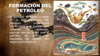 FORMACIÓN DEL
PETRÓLEO
• El petróleo se formó a partir
de la descomposición del
plancton, organismos
unicelulares que pueblan los
océanos. Sin embargo,
algunas teorías dicen que el
petróleo se originó de
depósitos de carbón tan
viejos como la tierra.
 