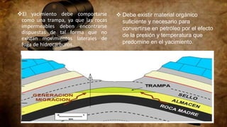 El yacimiento debe comportarse
como una trampa, ya que las rocas
impermeables deben encontrarse
dispuestas de tal forma que no
existan movimientos laterales de
fuga de hidrocarburos.
 Debe existir material orgánico
suficiente y necesario para
convertirse en petróleo por el efecto
de la presión y temperatura que
predomine en el yacimiento.
 