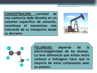 CONCENTRACIÓN: cantidad de
una sustancia dada disuelta en un
volumen específico de solvente,
constituye el mecanismo más
relevante de su transporte desde
su derrame.
POLARIDAD: depende de la
electronegatividad de los átomos.
La leve diferencia que existe entre
carbono e hidrógeno hace que la
mayoría de estos compuestos sean
no polares.
 