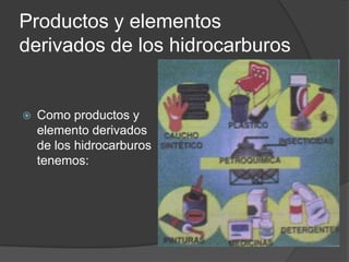 Productos y elementos
derivados de los hidrocarburos


   Como productos y
    elemento derivados
    de los hidrocarburos
    tenemos:
 