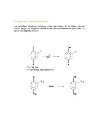5.- Sustitución nucleófilica aromática.
Los nucleófilos desplazan fácilmente a los iones haluro de los haluros de arilo
cuando hay grupos atrayentes de electrones (desactivantes) en las posiciones orto
ó para con respecto al haluro.
OH
NO2
NO2
NaOH+
Br
NO2
NO2
X
Y
Y
(X = Cl ó Br)
(Y= grupo que atrae electrones)
+ Nuc:
Nuc
Y
Y
 