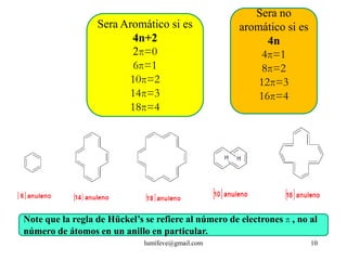 Sera no
                  Sera Aromático si es                aromático si es
                         4n+2                               4n
                         2π=0                              4π=1
                         6π=1                              8π=2
                        10π=2                             12π=3
                        14π=3                             16π=4
                        18π=4




Note que la regla de Hückel’s se refiere al número de electrones π , no al
número de átomos en un anillo en particular.
                              lumifeve@gmail.com                        10
 