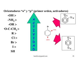 Orientadores “o” y “p” (primer orden, activadores)
   -OH 
   -NH2              A
    -OR              C
-O-C-CH              T
          3           I
      R              V
      Cl             I
      Br             D
       I             A
                      D
      SH
                       lumifeve@gmail.com            28
 