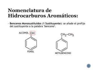  Bencenos Monosustituidos (1 Sustituyente): se añade el prefijo
del sustituyente a la palabra "benceno".
METILBENCENO
ALCOHOL
FENOL
 
