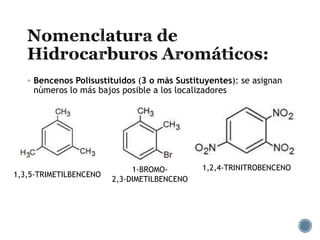  Bencenos Polisustituidos (3 o más Sustituyentes): se asignan
números lo más bajos posible a los localizadores
1,3,5-TRIMETILBENCENO
1-BROMO-
2,3-DIMETILBENCENO
1,2,4-TRINITROBENCENO
 