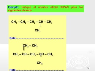 Ejemplo: Indique el nombre oficial IUPAC para los
siguientes alcanos



  CH3 – CH2 – CH2 – CH – CH3

                                CH3

Rpta:..................................................................

                 CH2 – CH3

    CH3 – CH – CH2 – CH – CH3

                                   CH3
                                                                          14
Rpta:..................................................................
 