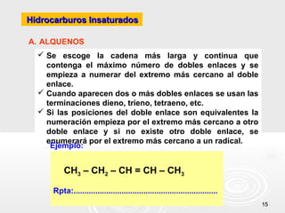 Hidrocarburos Insaturados

A. ALQUENOS
   Se escoge la cadena más larga y continua que
    contenga el máximo número de dobles enlaces y se
    empieza a numerar del extremo más cercano al doble
    enlace.
   Cuando aparecen dos o más dobles enlaces se usan las
    terminaciones dieno, trieno, tetraeno, etc.
   Si las posiciones del doble enlace son equivalentes la
    numeración empieza por el extremo más cercano a otro
    doble enlace y si no existe otro doble enlace, se
    enumerará por el extremo más cercano a un radical.
     Ejemplo:


         CH3 – CH2 – CH = CH – CH3

     Rpta:..................................................................
                                                                               15
 