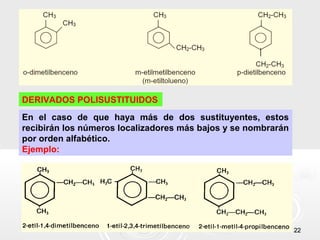 DERIVADOS POLISUSTITUIDOS
En el caso de que haya más de dos sustituyentes, estos
recibirán los números localizadores más bajos y se nombrarán
por orden alfabético.
Ejemplo:




                                                               22
 