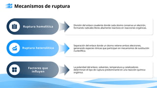 Mecanismos de ruptura
Ruptura homolítica
División del enlace covalente donde cada átomo conserva un electrón,
formando radicales libres altamente reactivos en reacciones orgánicas.
Ruptura heterolítica
Separación del enlace donde un átomo retiene ambos electrones,
generando especies iónicas que participan en mecanismos de sustitución
nucleofílica.
Factores que
influyen
La polaridad del enlace, solventes, temperatura y catalizadores
determinan el tipo de ruptura predominante en una reacción química
orgánica.
 