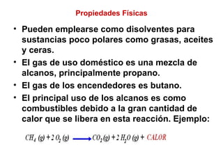 Propiedades Físicas Pueden emplearse como disolventes para sustancias poco polares como grasas, aceites y ceras. El gas de uso doméstico es una mezcla de alcanos, principalmente propano. El gas de los encendedores es butano. El principal uso de los alcanos es como combustibles debido a la gran cantidad de calor que se libera en esta reacción.  Ejemplo: 
